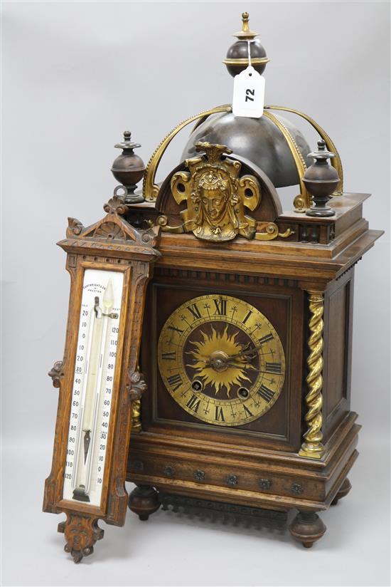 A walnut and brass mounted mantel clock and a thermometer clock 61cm